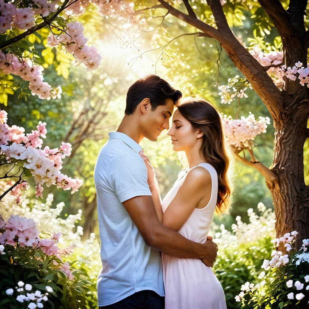 A warm, soft-lit scene depicting two people in an intimate embrace surrounded by blooming flowers, with gentle sunlight filtering through the trees. Capture the emotions of love and connection in their expressions, showcasing the beauty of tender moments. Include subtle elements like hearts in the background, symbolizing affection. soft focus. pastel colors. romantic style.