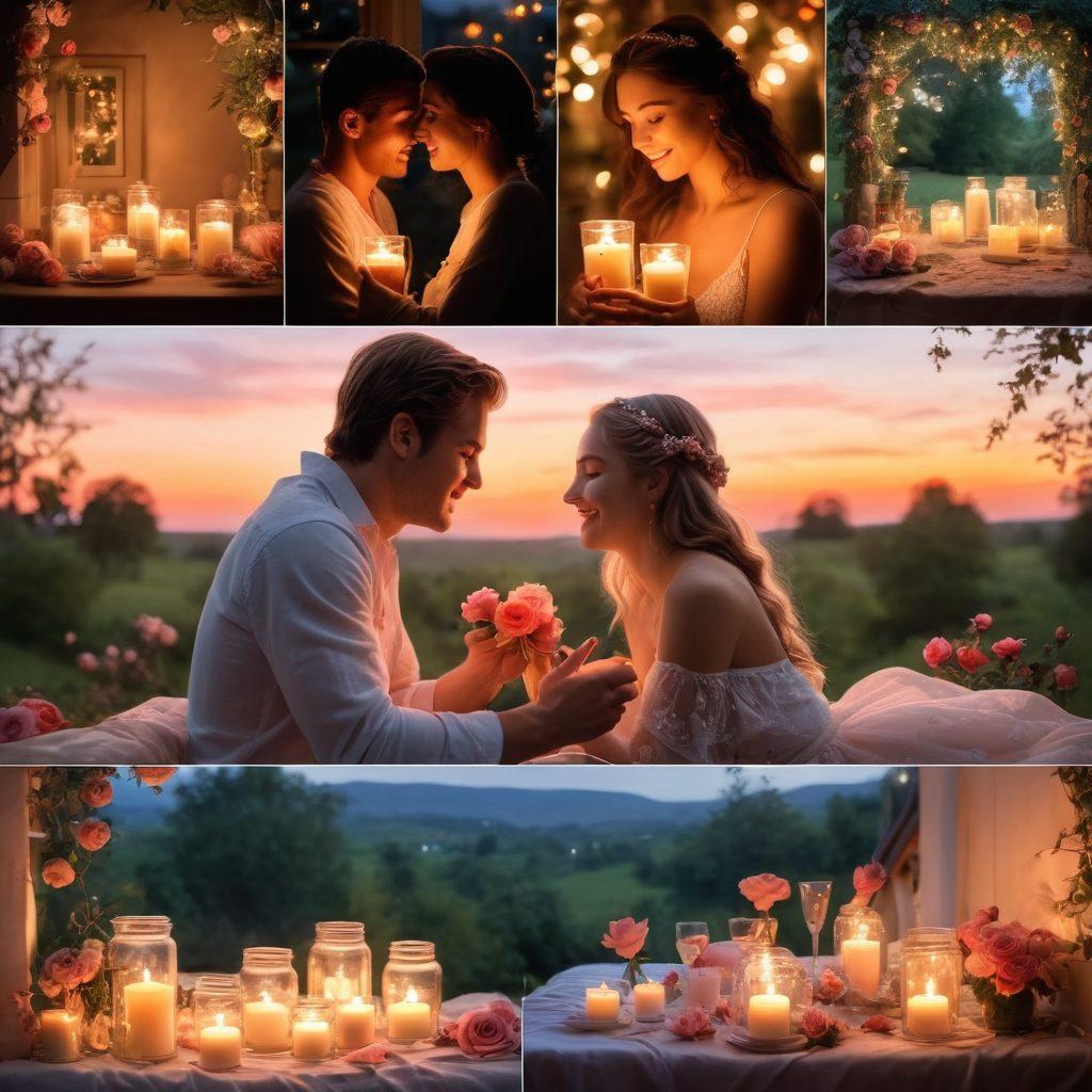 A captivating collage of romantic scenes, showcasing a couple's journey from sweet smiles during a sunset picnic to passionate embraces in a candle-lit room. Include delicate fairy lights overhead, soft pastel colors, and hints of nature in the background, like blooming roses and fluttering butterflies that symbolize love's transformation. super-realistic. vibrant colors. soft focus.