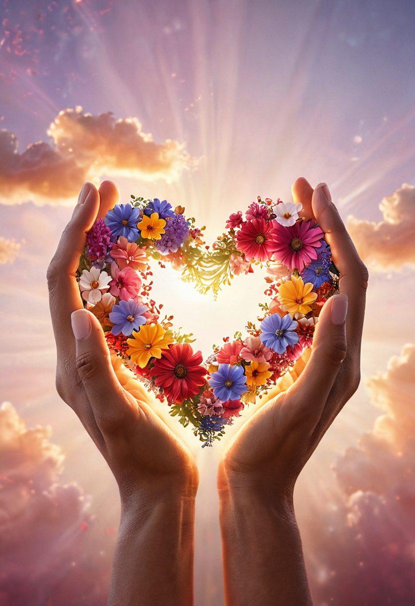 A close-up of two hands gently holding a heart-shaped symbol made of vibrant flowers, capturing the essence of love and affection. Soft, warm colors in the background create a romantic atmosphere, with delicate light beams breaking through clouds above. Include subtle touches like tiny hearts or butterflies to enhance the love theme. super-realistic. vibrant colors. soft focus.